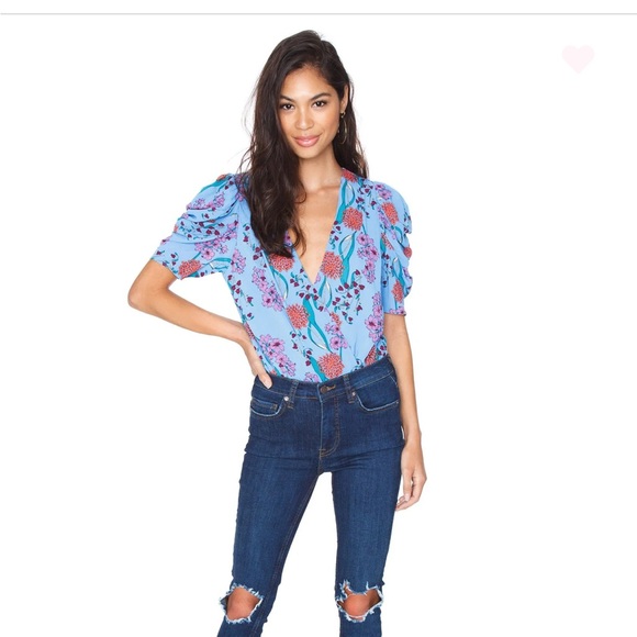 ASTR Aspect Blue Floral Print Bodysuit Colorful Leotard Top for Spring Summer - Picture 4 of 7